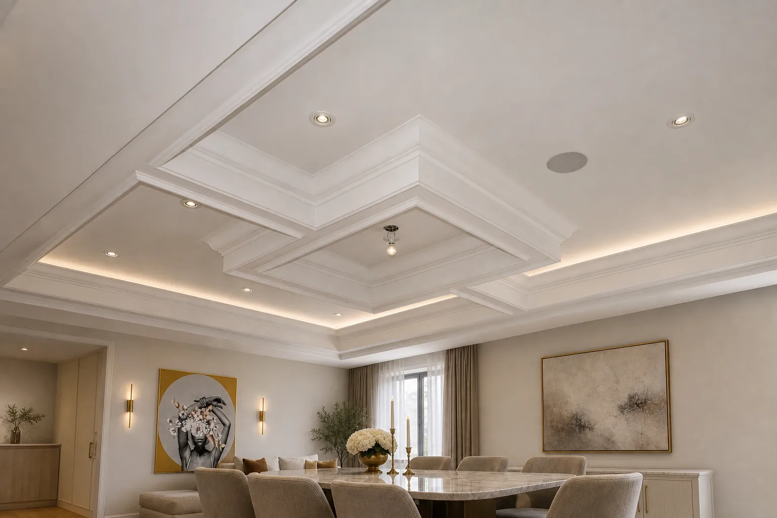 Salle à manger avec plafond à caissons et luminaire décoratif