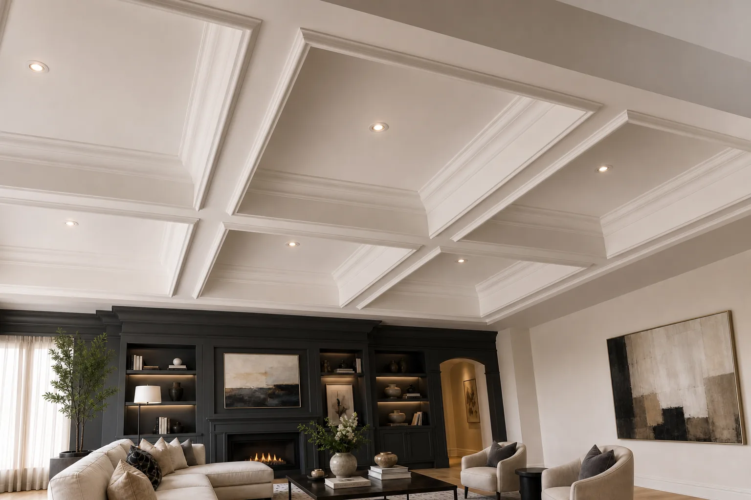 Salon lumineux avec plafond à caissons blanc et éclairage encastré