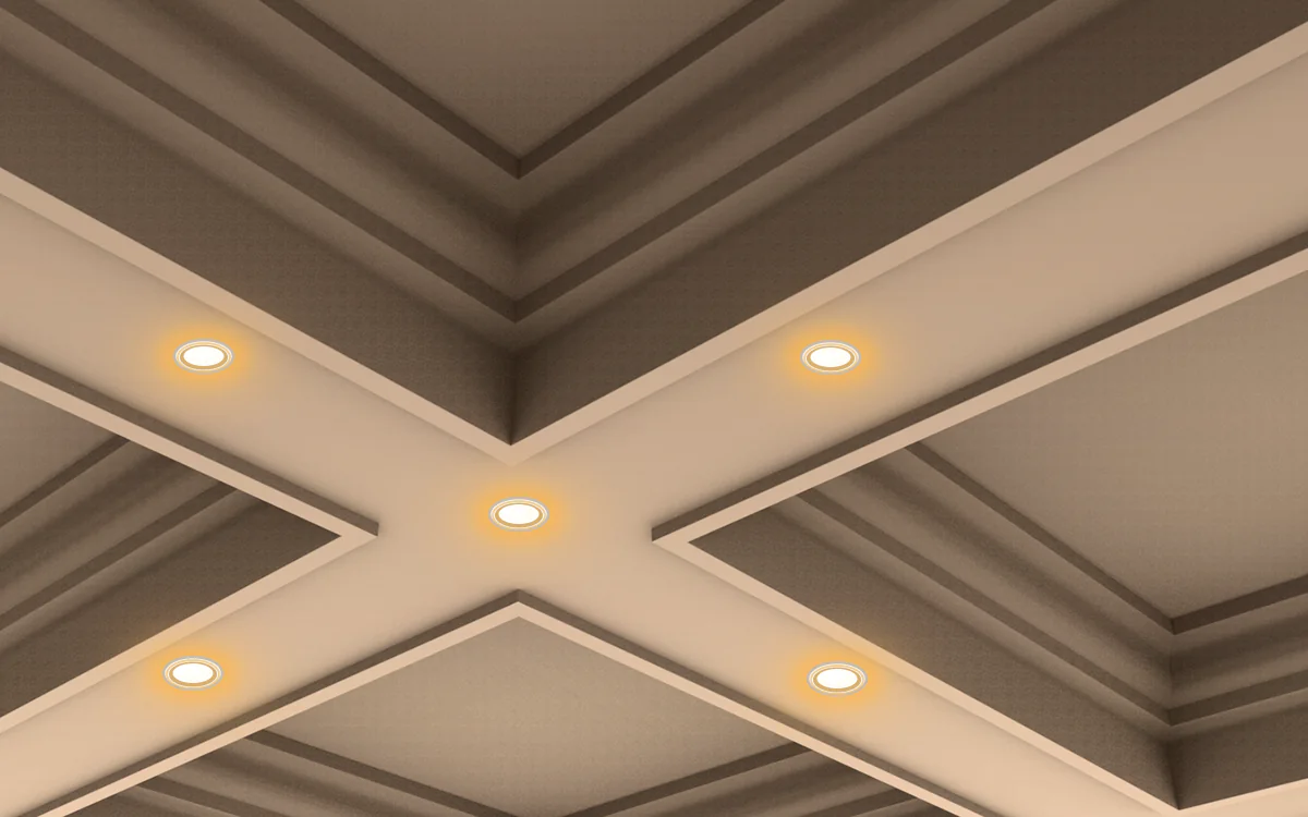 Intersection de poutres à caissons IB-02 en plâtre blanc avec spots encastrés chauds centrés