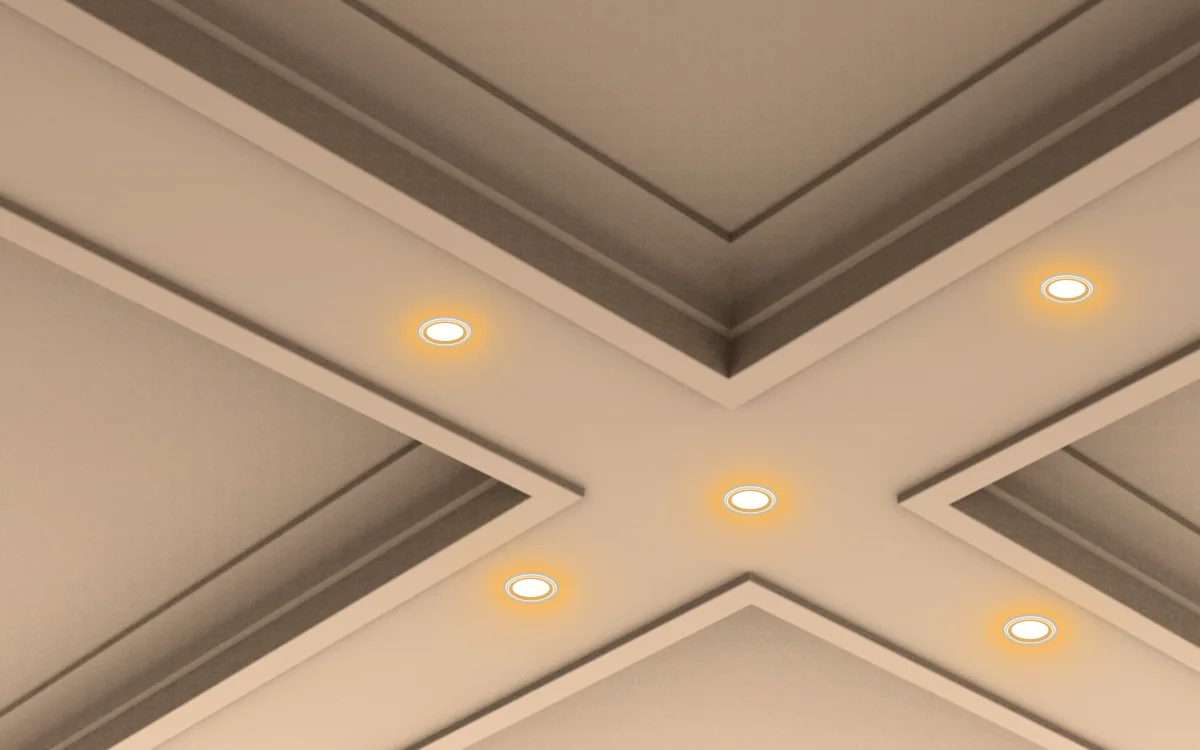 Intersection de poutres à caissons IB-03 en plâtre blanc avec spots encastrés chauds centrés