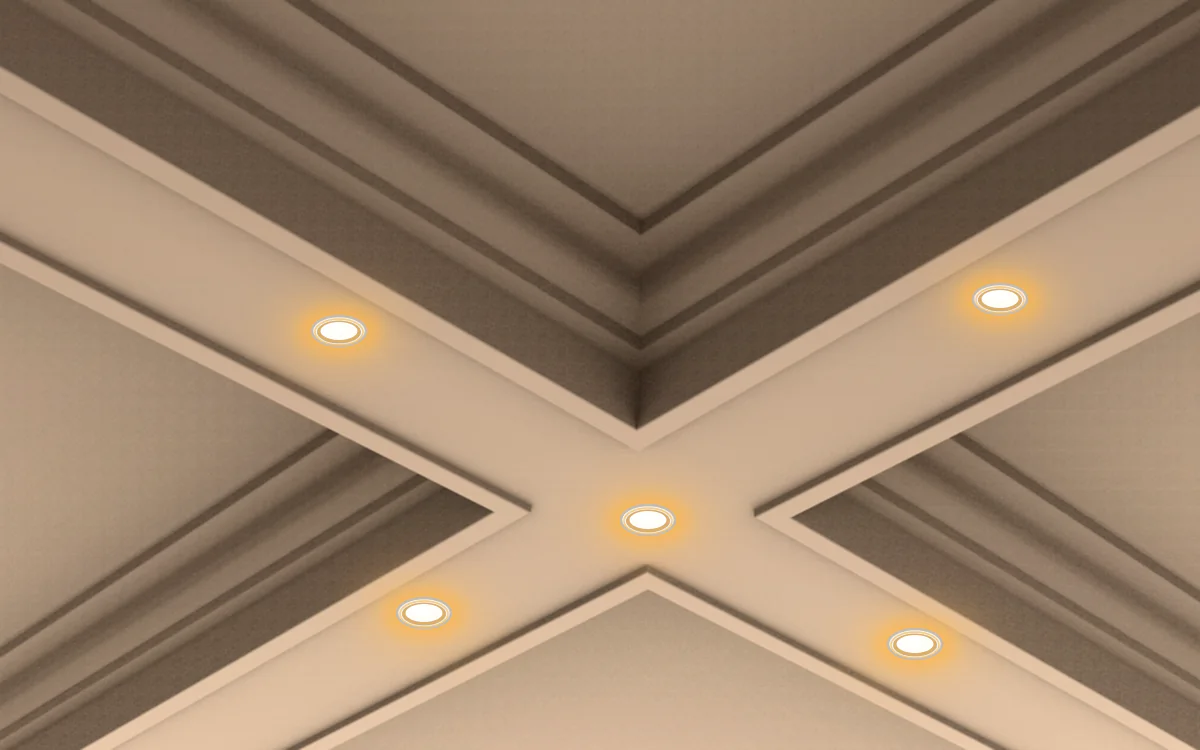 Intersection de poutres à caissons IB-04 en plâtre blanc avec spots encastrés chauds centrés