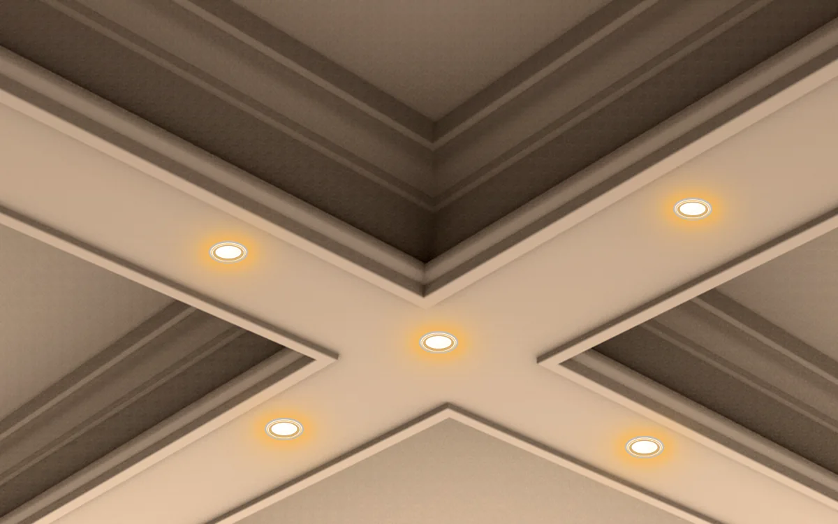 Intersection de poutres à caissons IB-07 en plâtre blanc avec spots encastrés chauds centrés