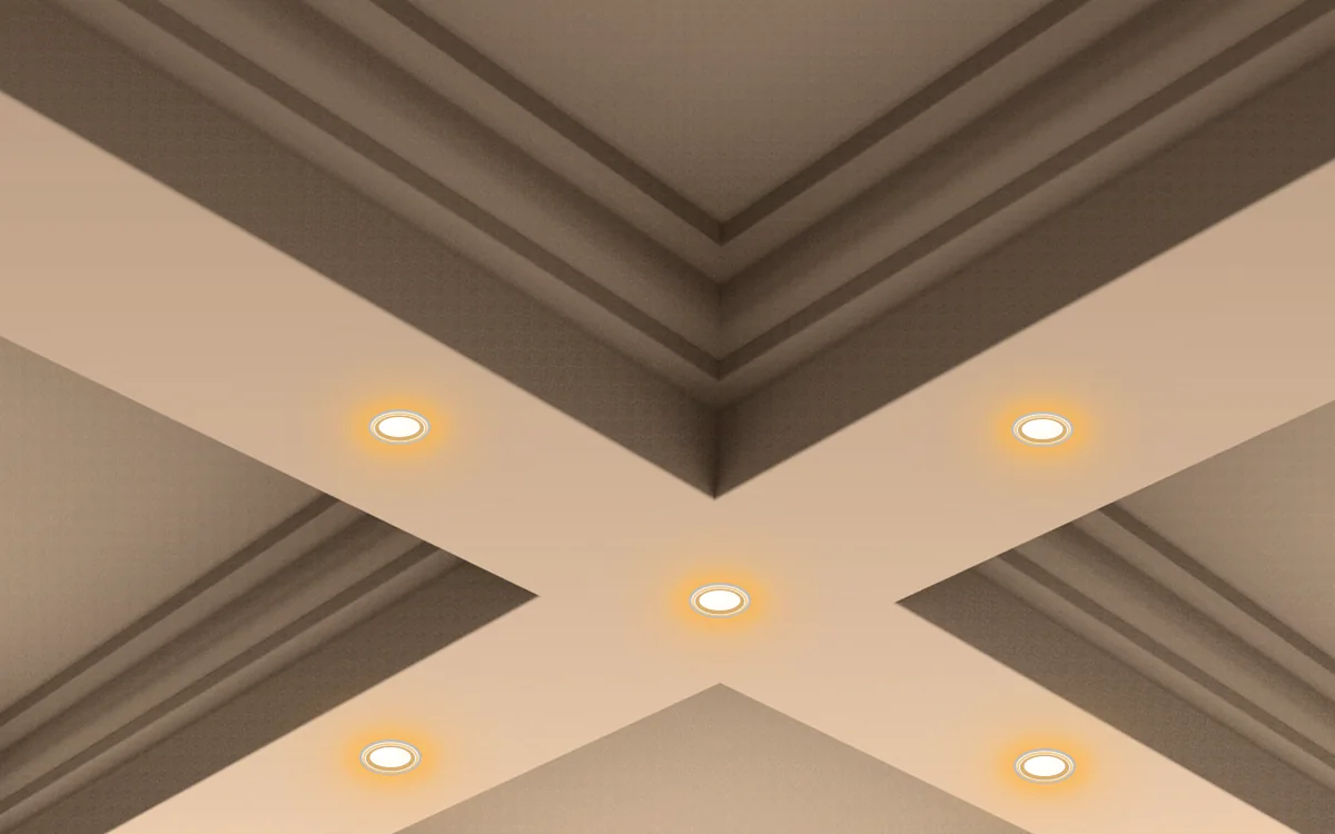 Intersection de poutres à caissons IB-09 en plâtre blanc avec spots encastrés chauds centrés