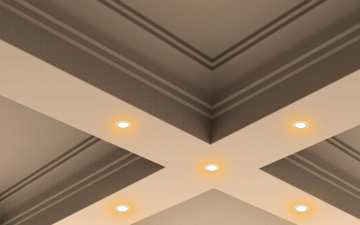 Intersection de poutres à caissons IB-10 en plâtre blanc avec spots encastrés chauds centrés