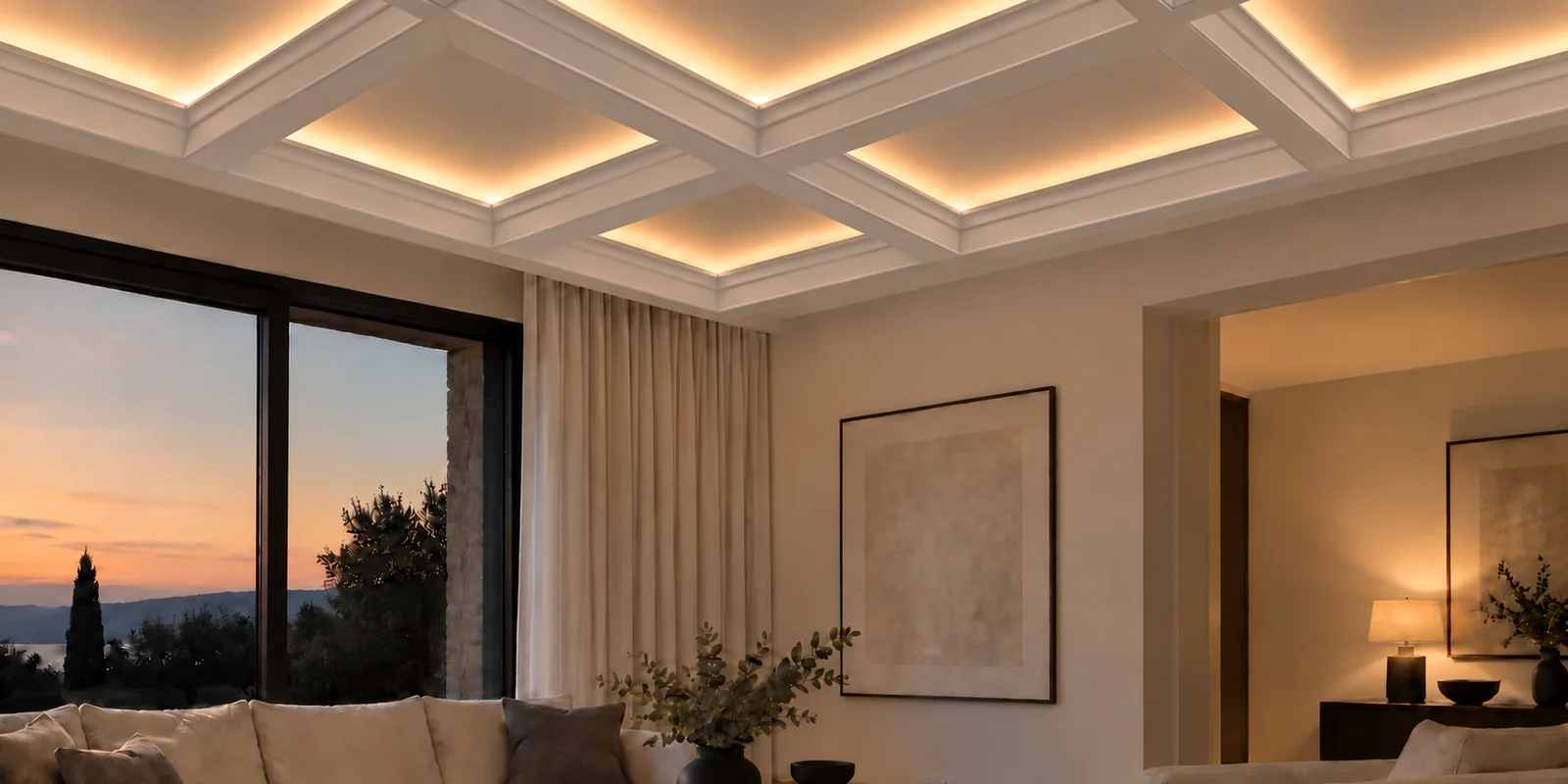 Salon contemporain avec poutres blanches de plafond à caissons IB-03 et éclairage DEL chaud dissimulé