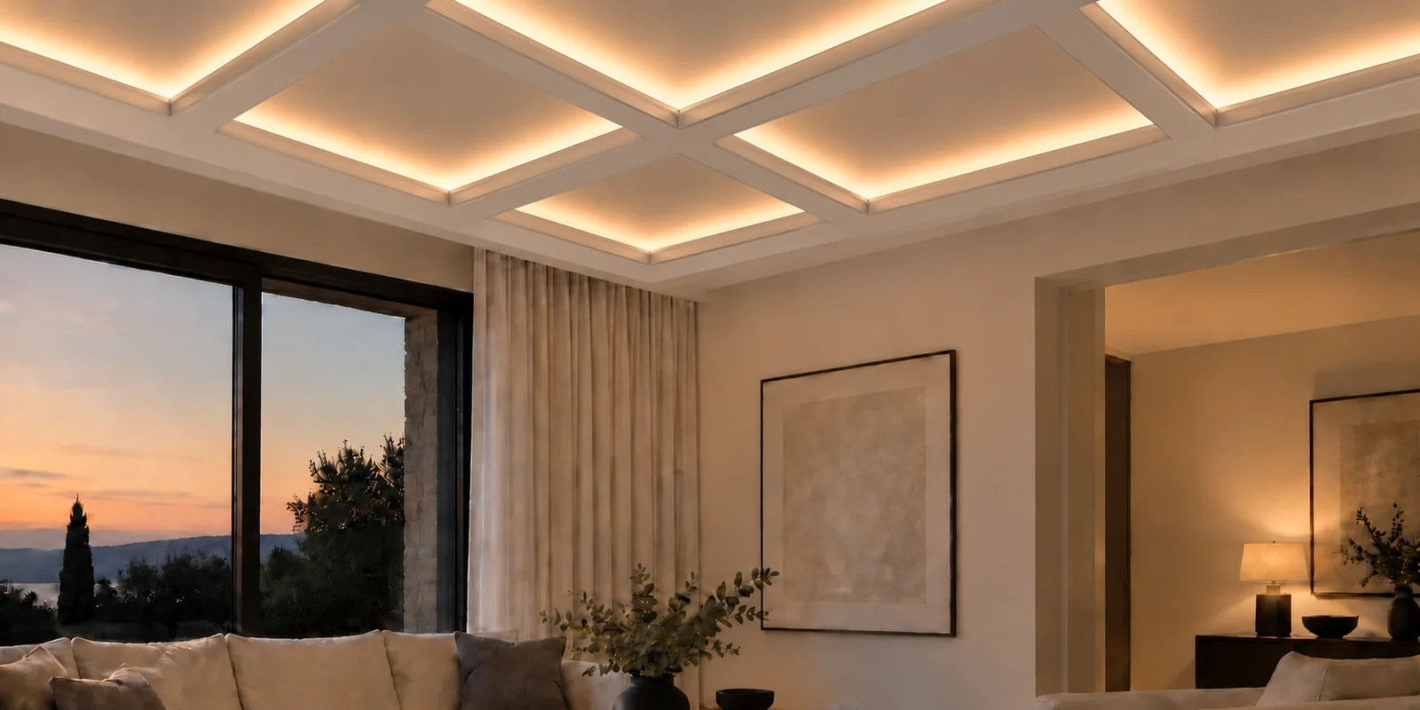 Salon contemporain avec poutres blanches de plafond à caissons IB-04 et éclairage DEL chaud dissimulé