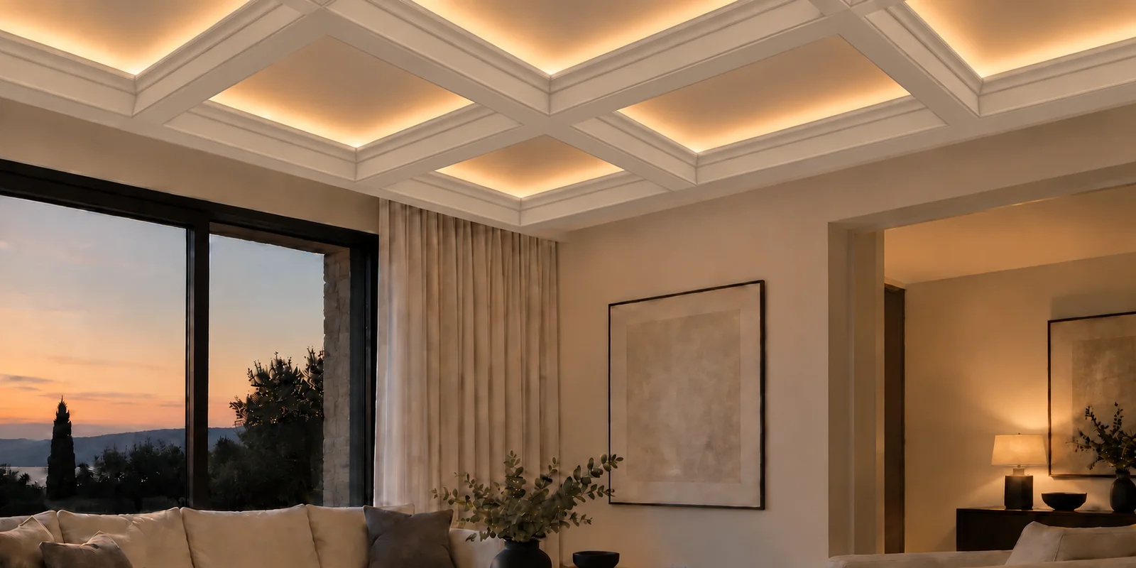 Salon contemporain avec poutres blanches de plafond à caissons IB-07 et éclairage DEL chaud dissimulé