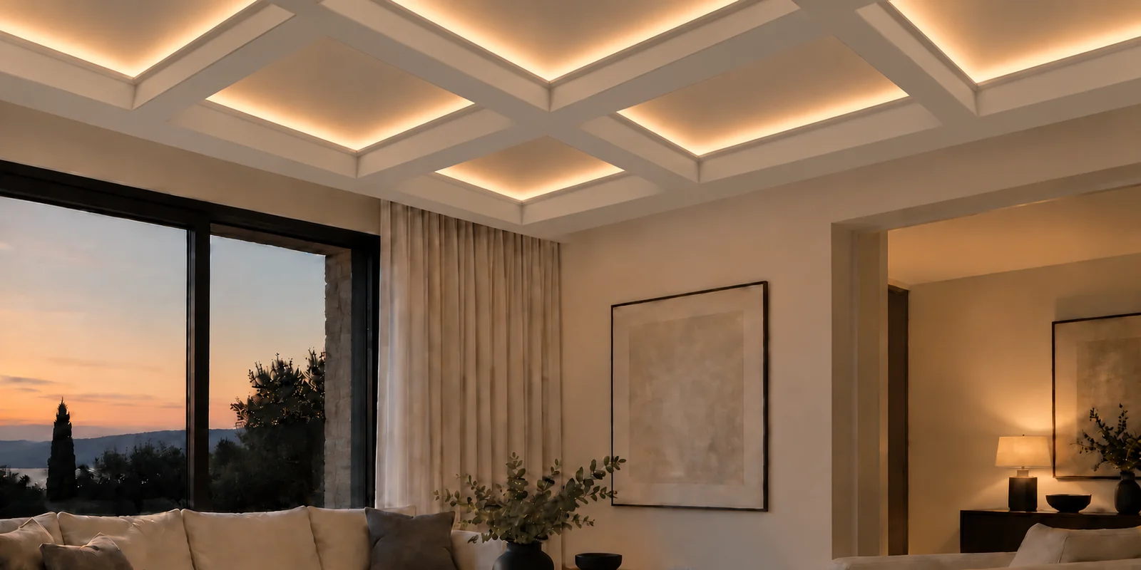 Salon contemporain avec poutres blanches de plafond à caissons IB-09 et éclairage DEL chaud dissimulé