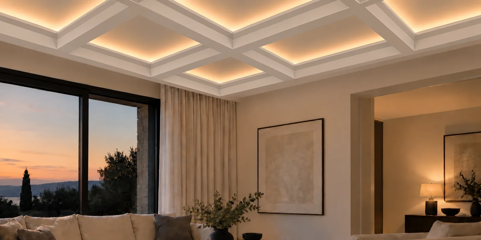 Salon contemporain avec poutres blanches de plafond à caissons IB-11 et éclairage DEL chaud dissimulé
