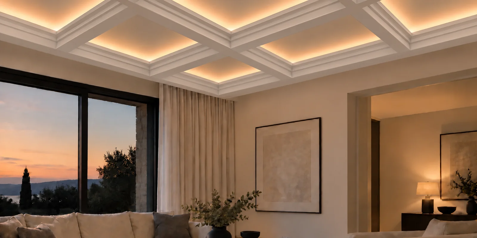 Salon contemporain avec poutres blanches de plafond à caissons IB-15 et éclairage DEL chaud dissimulé