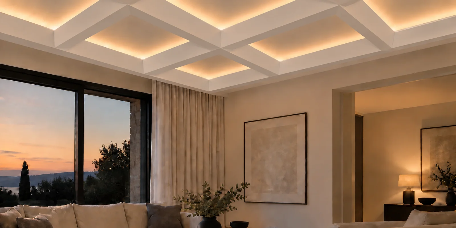 Salon contemporain avec poutres blanches de plafond à caissons IN-022 et éclairage DEL chaud dissimulé