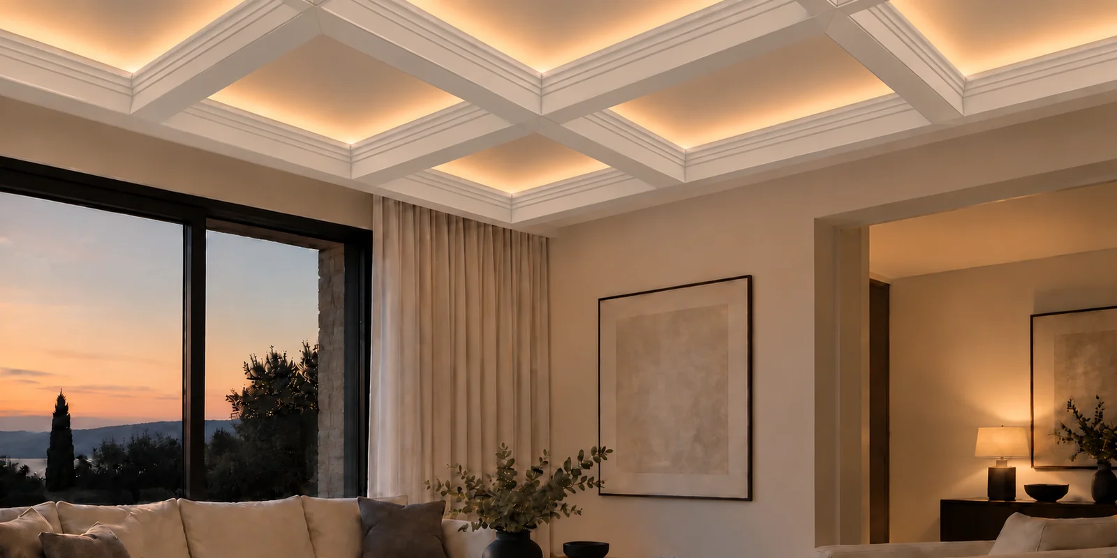 Salon contemporain avec poutres blanches de plafond à caissons IN-038 et éclairage DEL chaud dissimulé