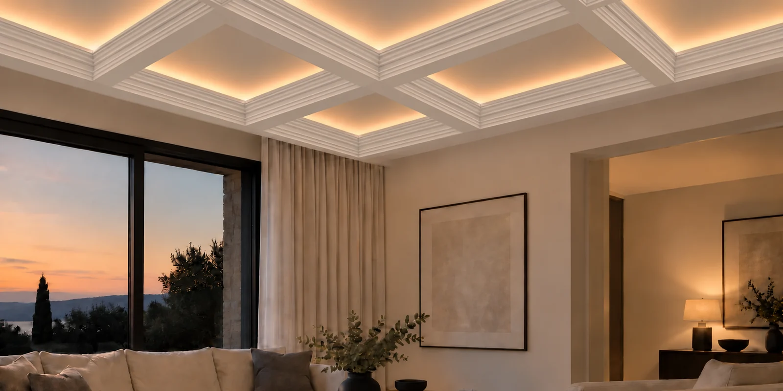 Salon contemporain avec poutres blanches de plafond à caissons IN-039 et éclairage DEL chaud dissimulé