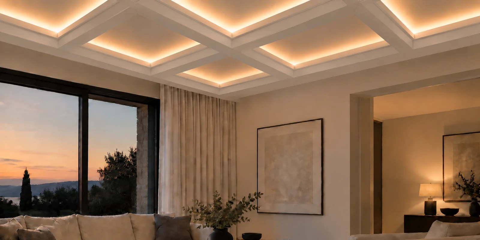 Salon contemporain avec poutres blanches de plafond à caissons IN-16 et éclairage DEL chaud dissimulé