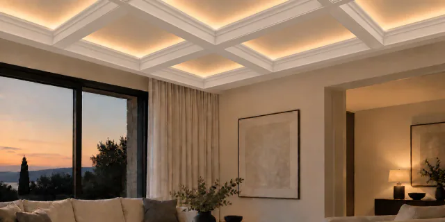 Trame blanche de plafond à caissons éclairée par des DEL chaudes dissimulées